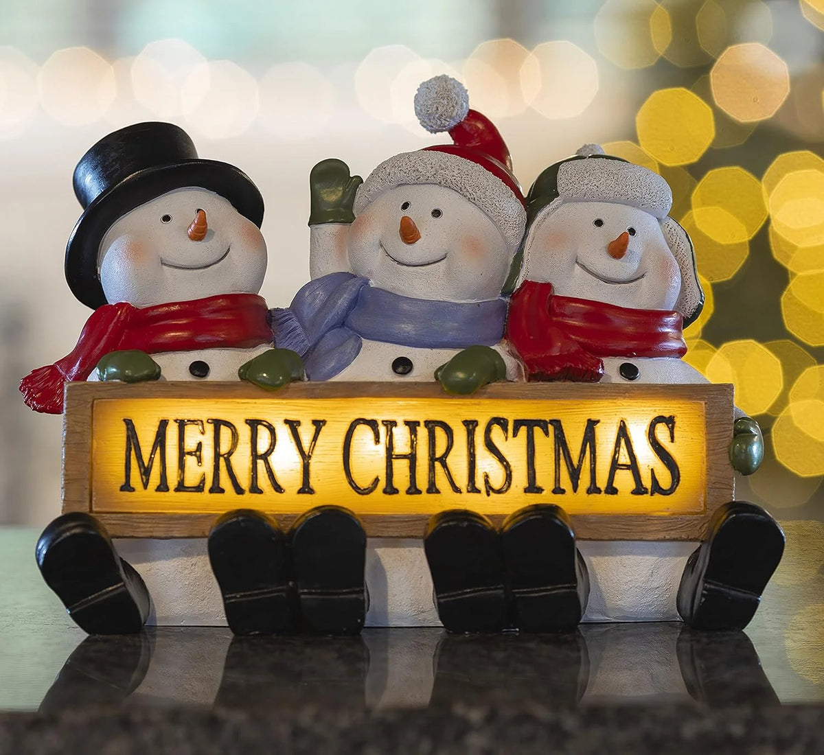 Lighted Snowman Figurines Set of 3, Merry Christmas Sign Decor