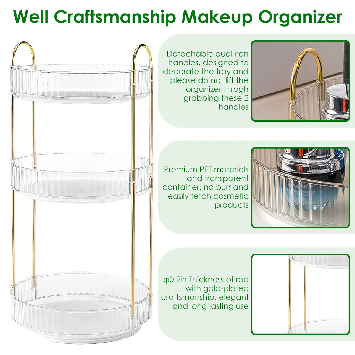 Rotating Makeup Organizer, 3-Tier 360° Perfume and Cosmetic Tray – image 10