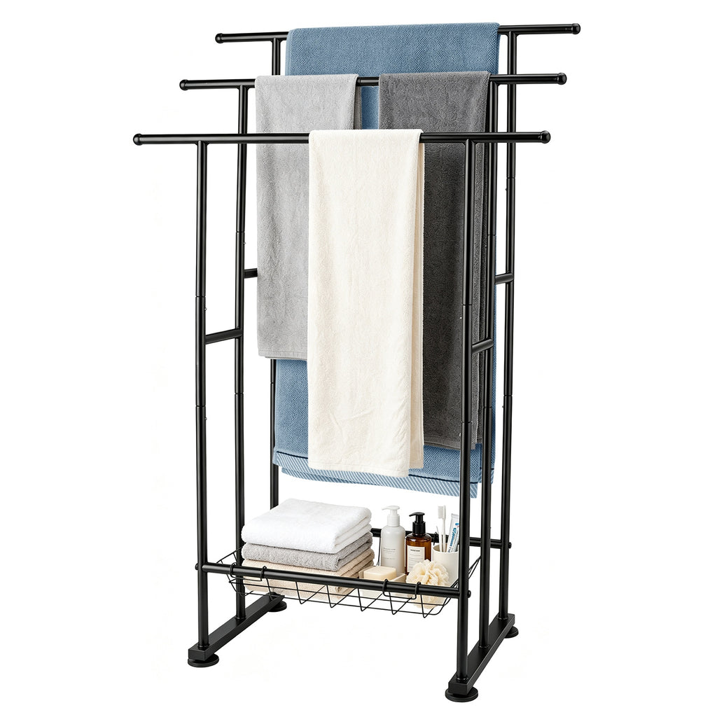 3-Tier Freestanding Towel Rack with Storage Basket, Black – image 1