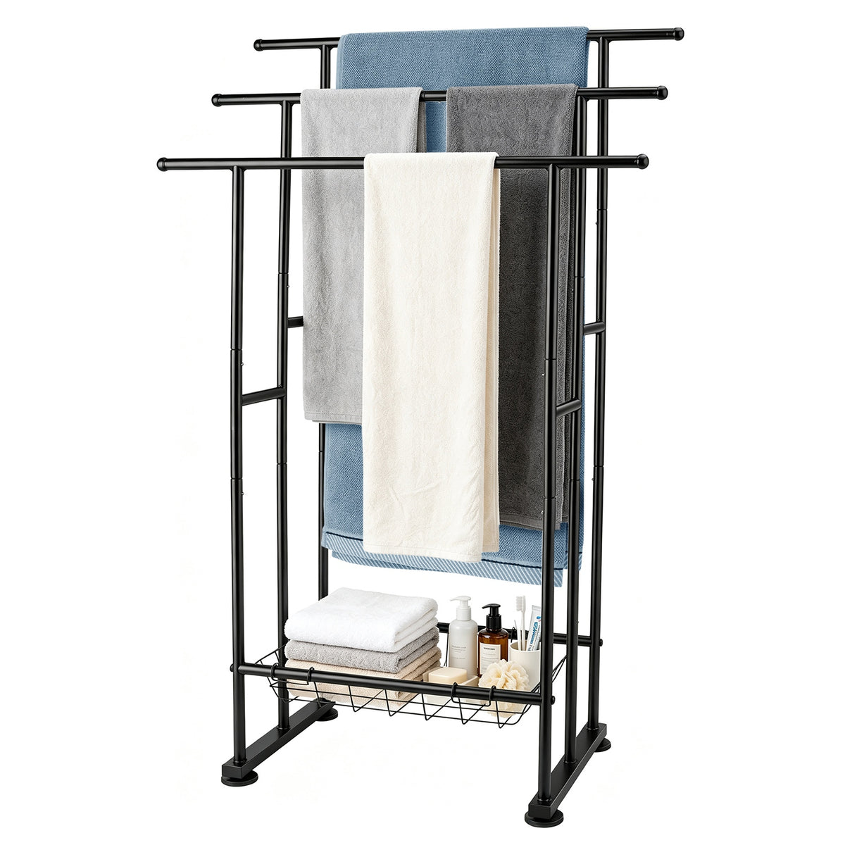 3-Tier Freestanding Towel Rack with Storage Basket, Black – image 1