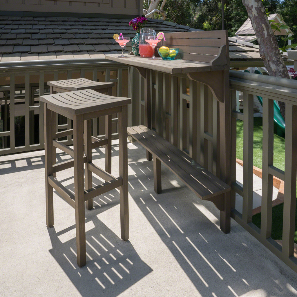 3-Piece Acacia Balcony Bar Set with Shelf Table and 2 Stools, Grey – image 4