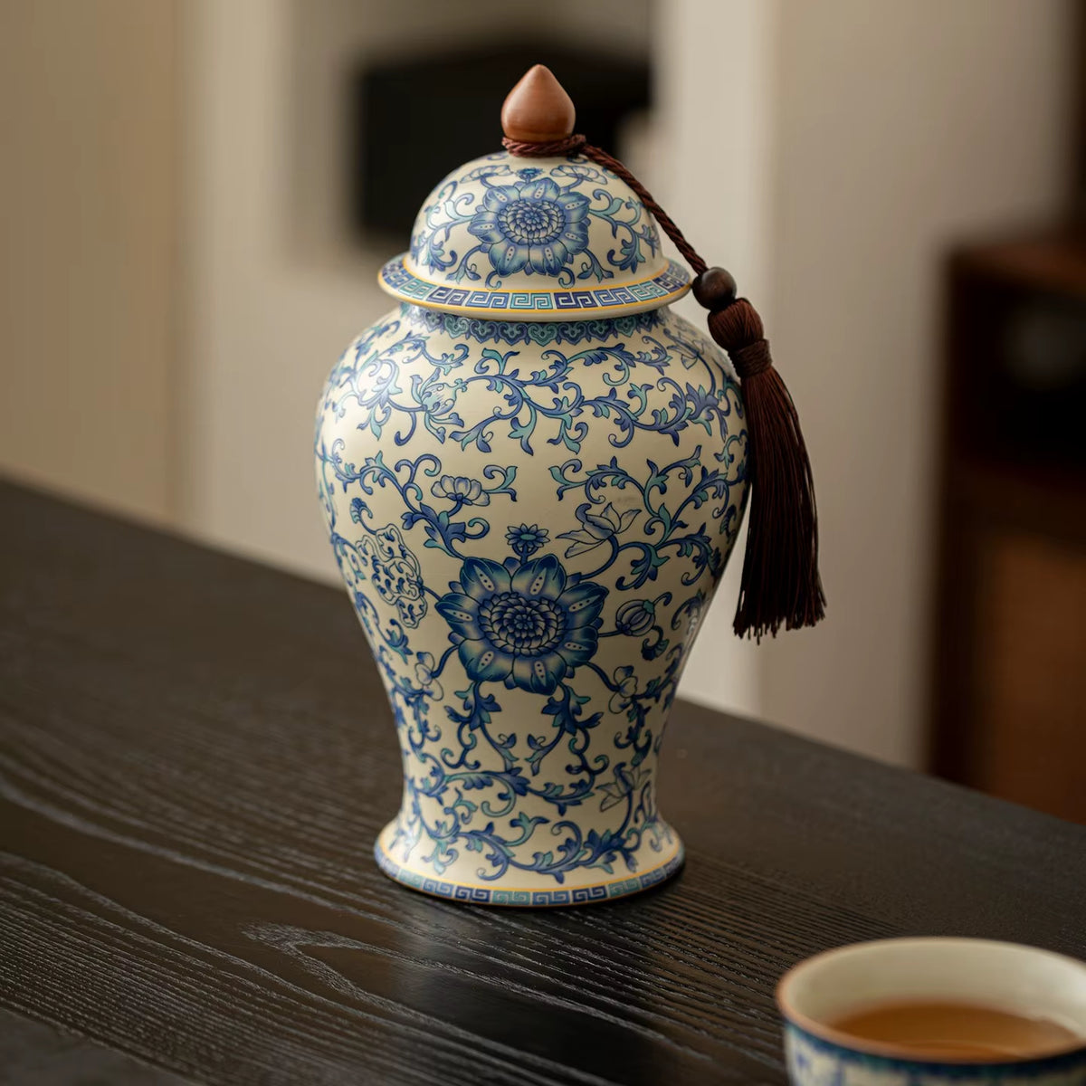 Floral Ceramic Ginger Jar with Lid, Temple Jar Decor Vase – image 5