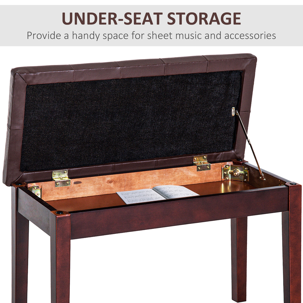 Tufted Duet Piano Bench with Storage, Faux Leather Seat, Brown – image 6