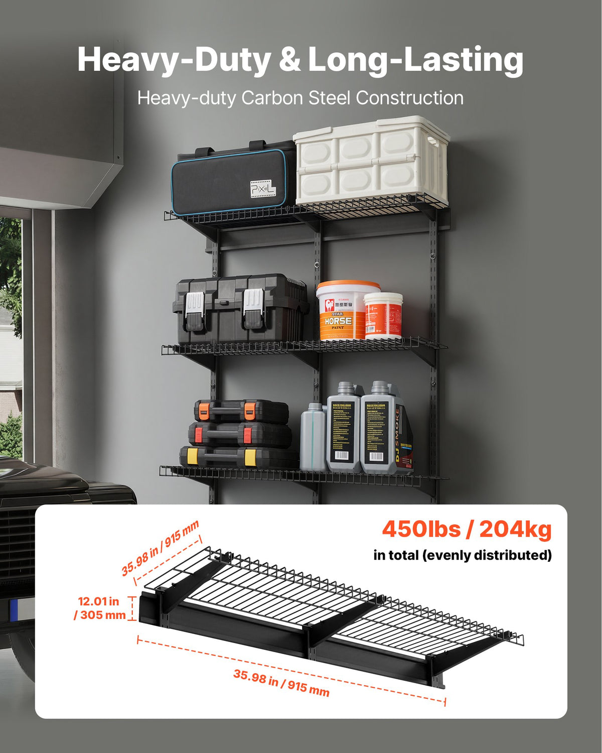 Garage Wall Shelving 3-Tier Steel, 11 x 36 in Shelves, 450 lb – image 2