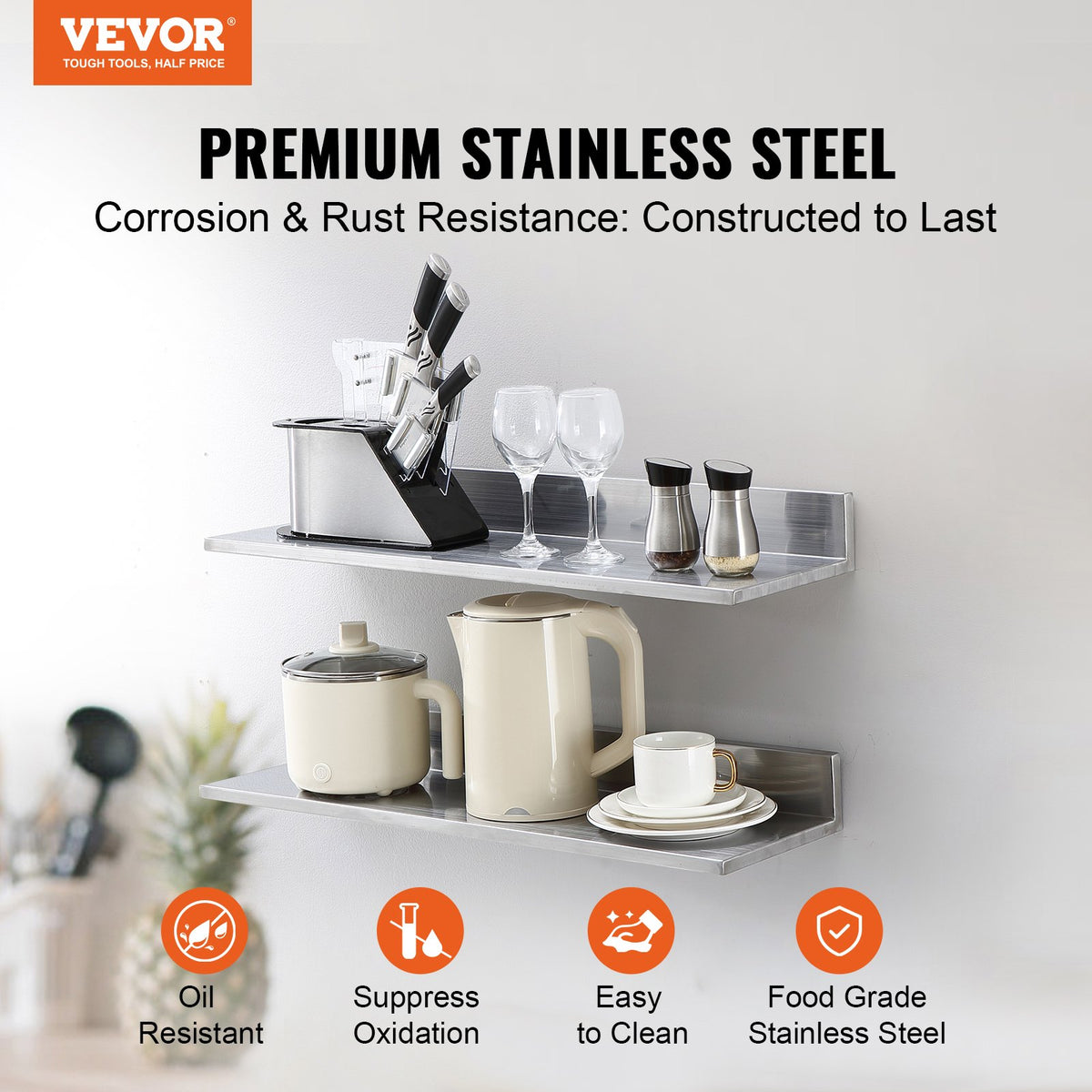 Stainless Steel Wall Shelf, 8.6 x 30 in Floating Shelf with Backsplash – image 2