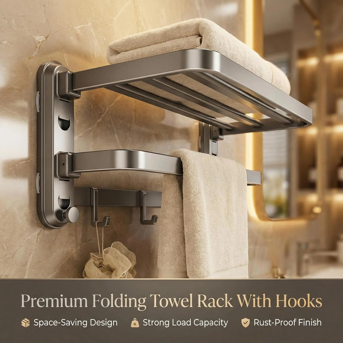 Towel Rack Suction Wall Shelf, Foldable Double Bar with Hooks – image 7