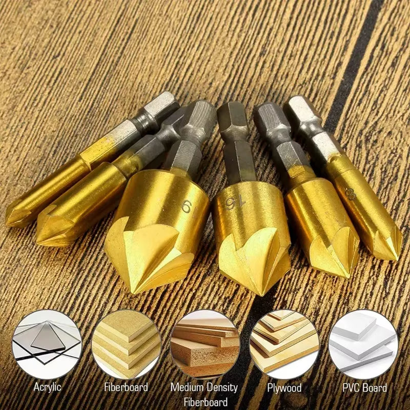 Countersink Drill Bit Set 6-Piece 5-Flute 90 Degree 1/4in Hex Shank – image 7