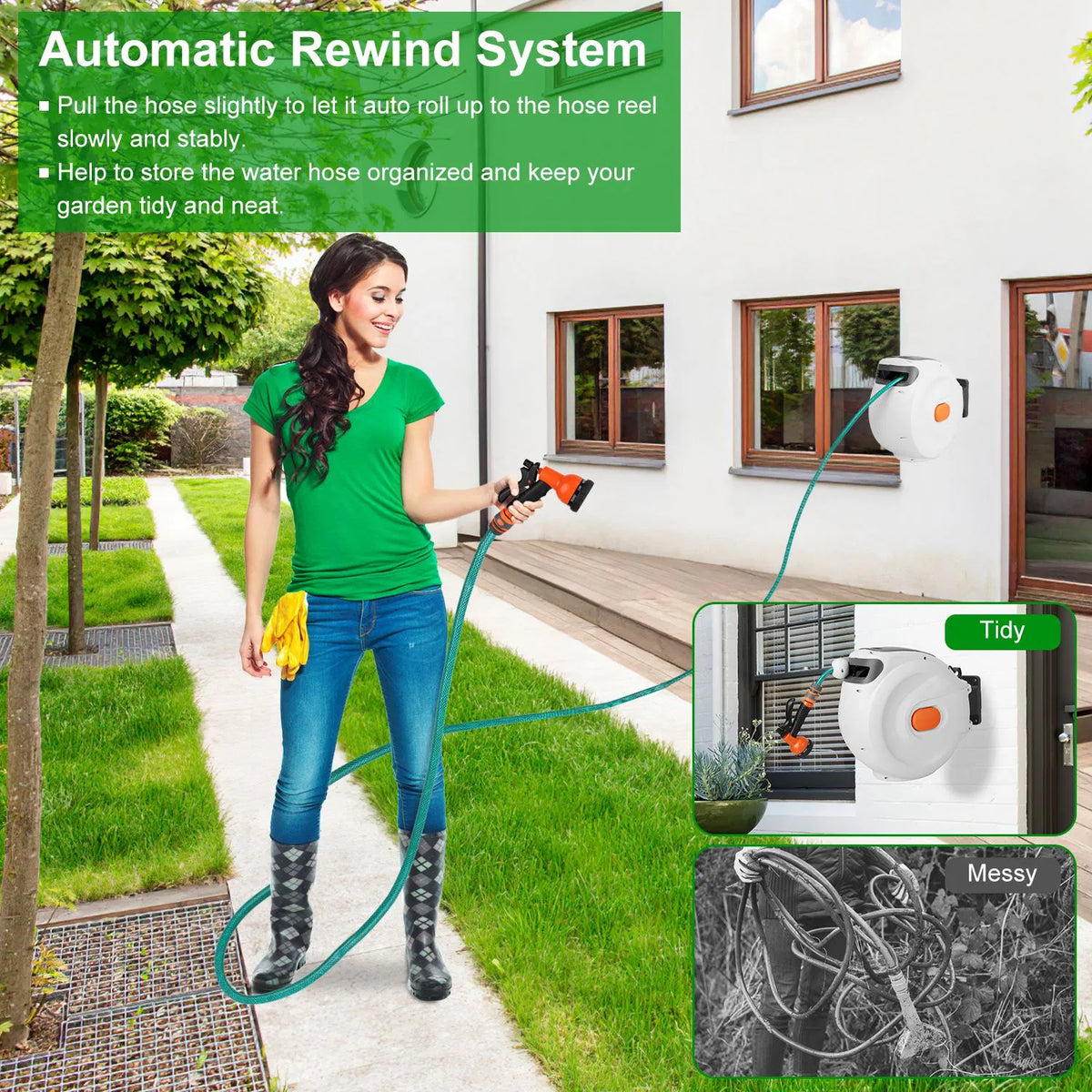 Wall Mount Retractable Garden Hose Reel 98 Ft with Sprayer