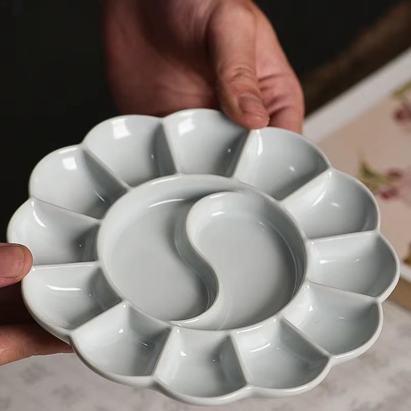 Handmade Celadon Ceramic Watercolor Palette, Plum Blossom Shape – image 5