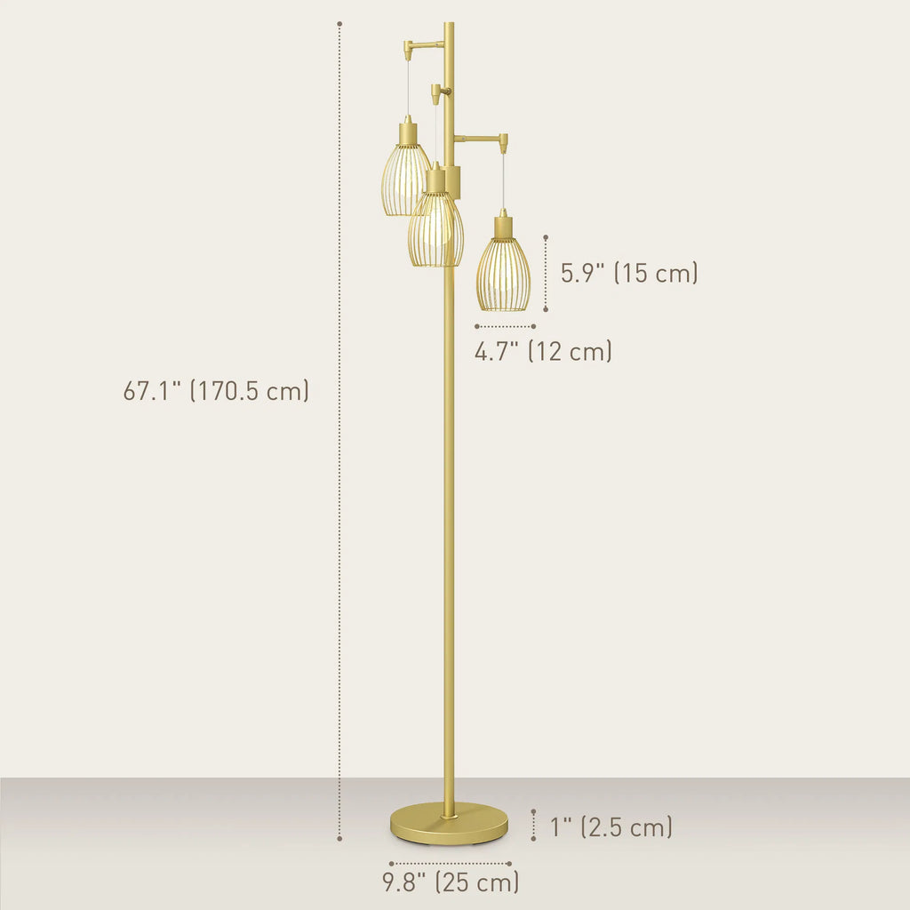 Industrial Floor Lamp with 3 Hanging Cage Shades, Dimmable, Gold – image 3