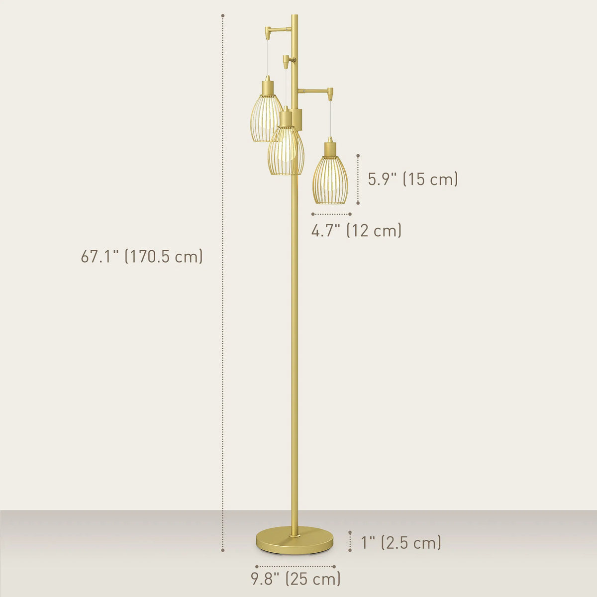 Industrial Floor Lamp with 3 Hanging Cage Shades, Dimmable, Gold – image 3