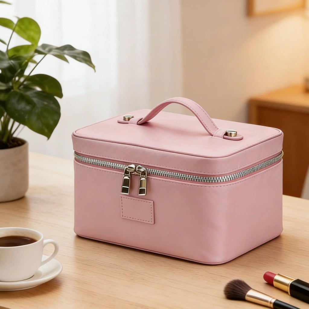 Travel Cosmetic Bag, Blush PU Leather Makeup Organizer with Dividers – image 2