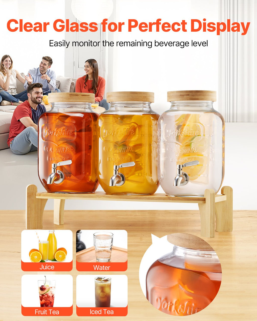 Triple Glass Drink Dispenser Set With Wood Stand, 3 x 1 Gallon – image 4