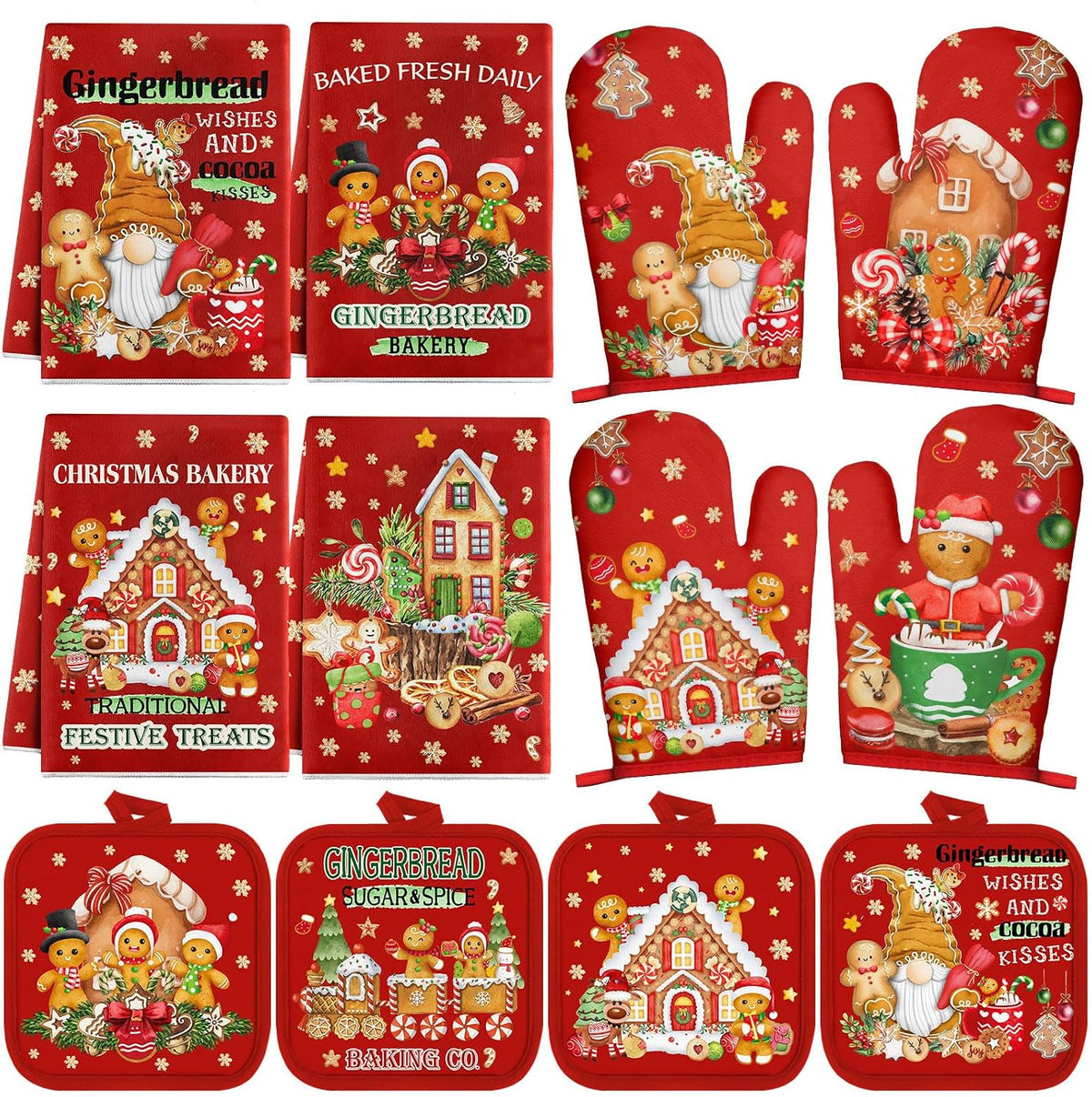 Gingerbread Christmas Kitchen Towel, Mitt and Pot Holder Set, 12 Pc