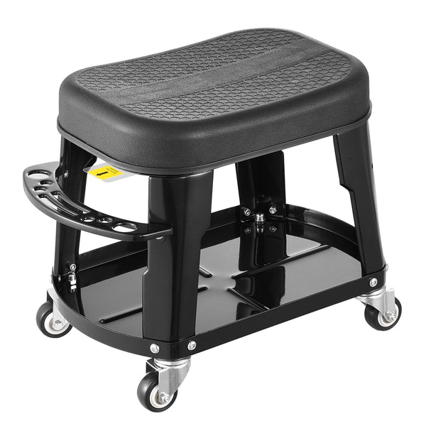 Mechanic Stool, 300 Lbs Capacity Garage Seat/Work Stool with Wheels, 360° Swivel Rolling Workshop Stool with Tool Tray and Screwdriver Rack, Heavy-Duty, for Garage, Shop & Auto Repair, Black