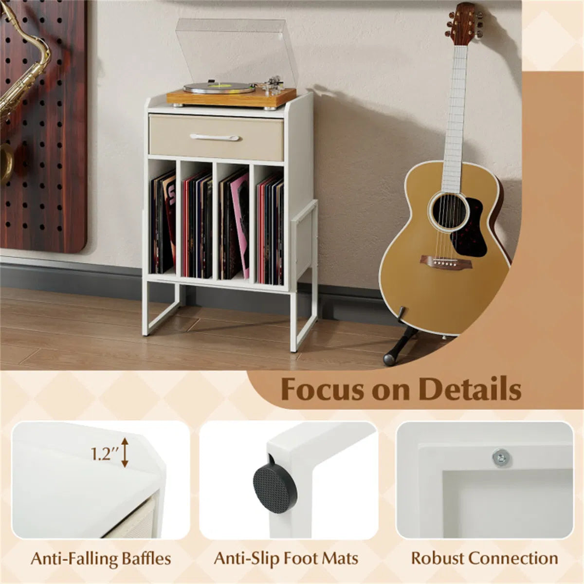 Record Player Stand with Vinyl Storage and Fabric Drawer – White