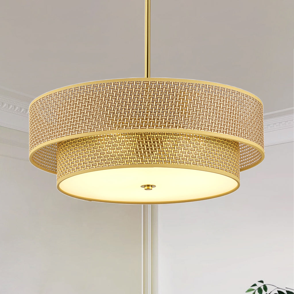 17.7 Inch Rattan & Linen Semi Flush Mount Ceiling Light, Boho Drum