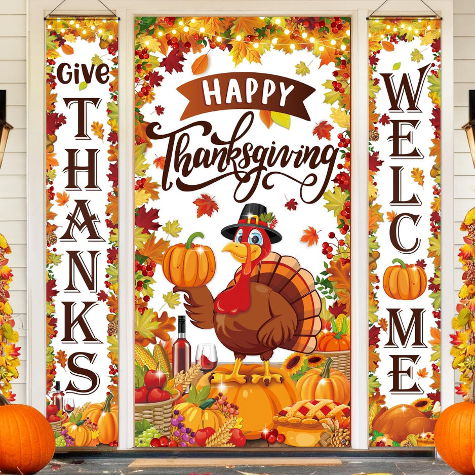 Happy Thanksgiving Door Cover and Porch Banner Set, 3 Pieces