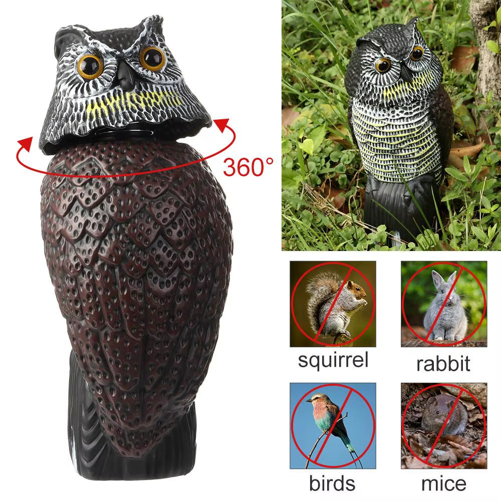 Owl Decoy with Rotating Head, Garden Bird Deterrent Statue