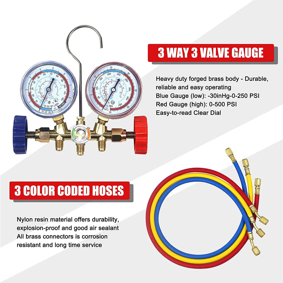 HVAC 3-Way AC Manifold Gauge Set with Hoses