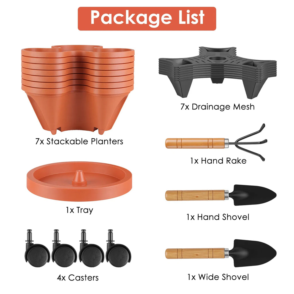 7-Tier Stackable Vertical Planter Tower with Wheels and Tools – image 3