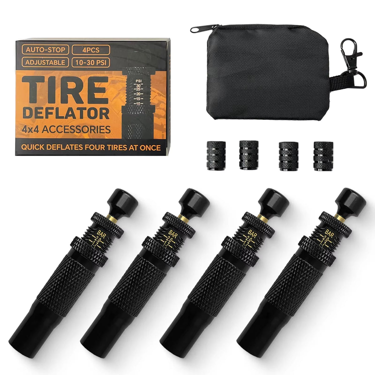 Auto-Stop Tire Deflator Kit, 4-Pack 10-30 PSI