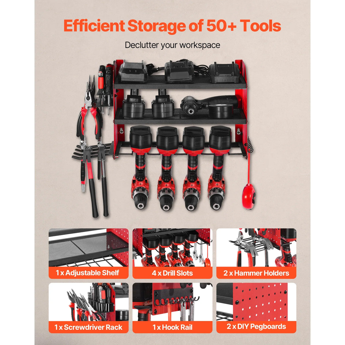 Power Tool Organizer Wall Mount, 3-Tier Drill Rack with Pegboard Sides – image 4