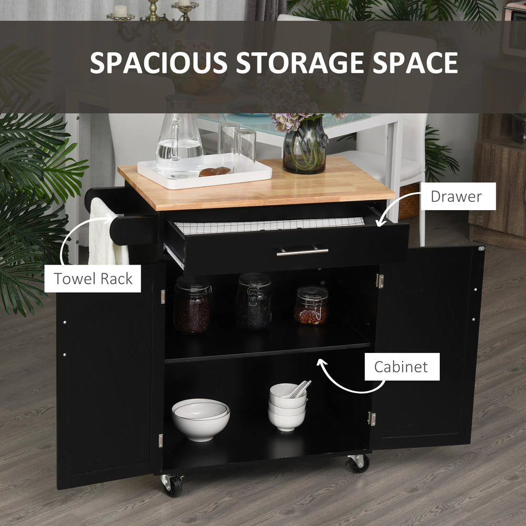 Rolling Kitchen Island Cart with Wood Top, Drawer and Cabinet, Black – image 4