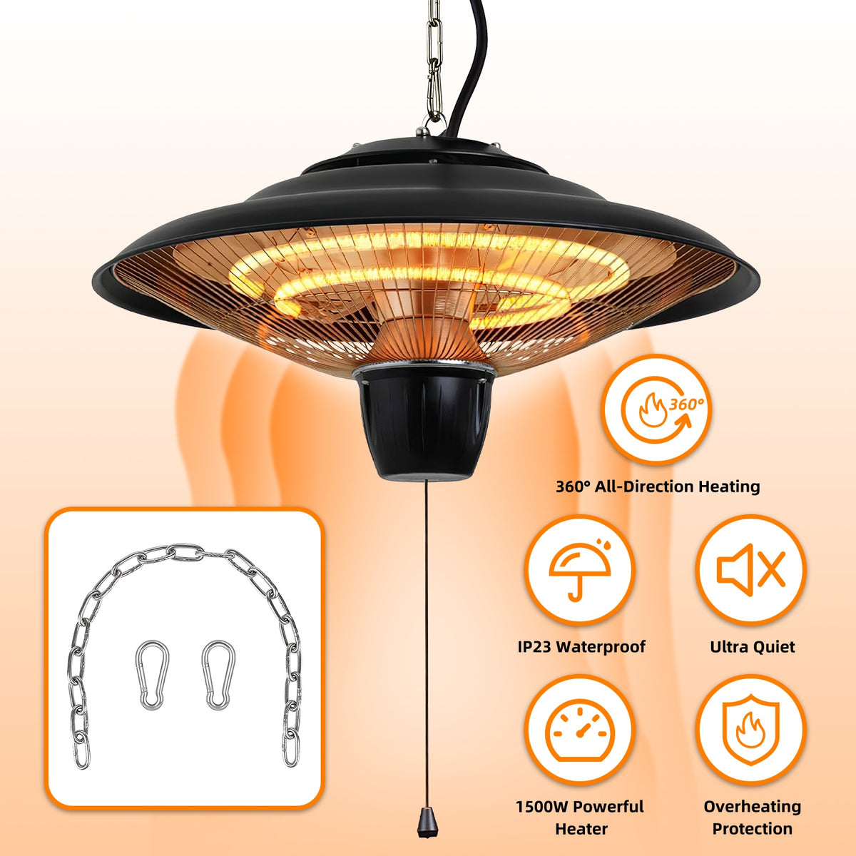 1500W Hanging Electric Patio Heater with Chain and 2 Heat Levels – image 2