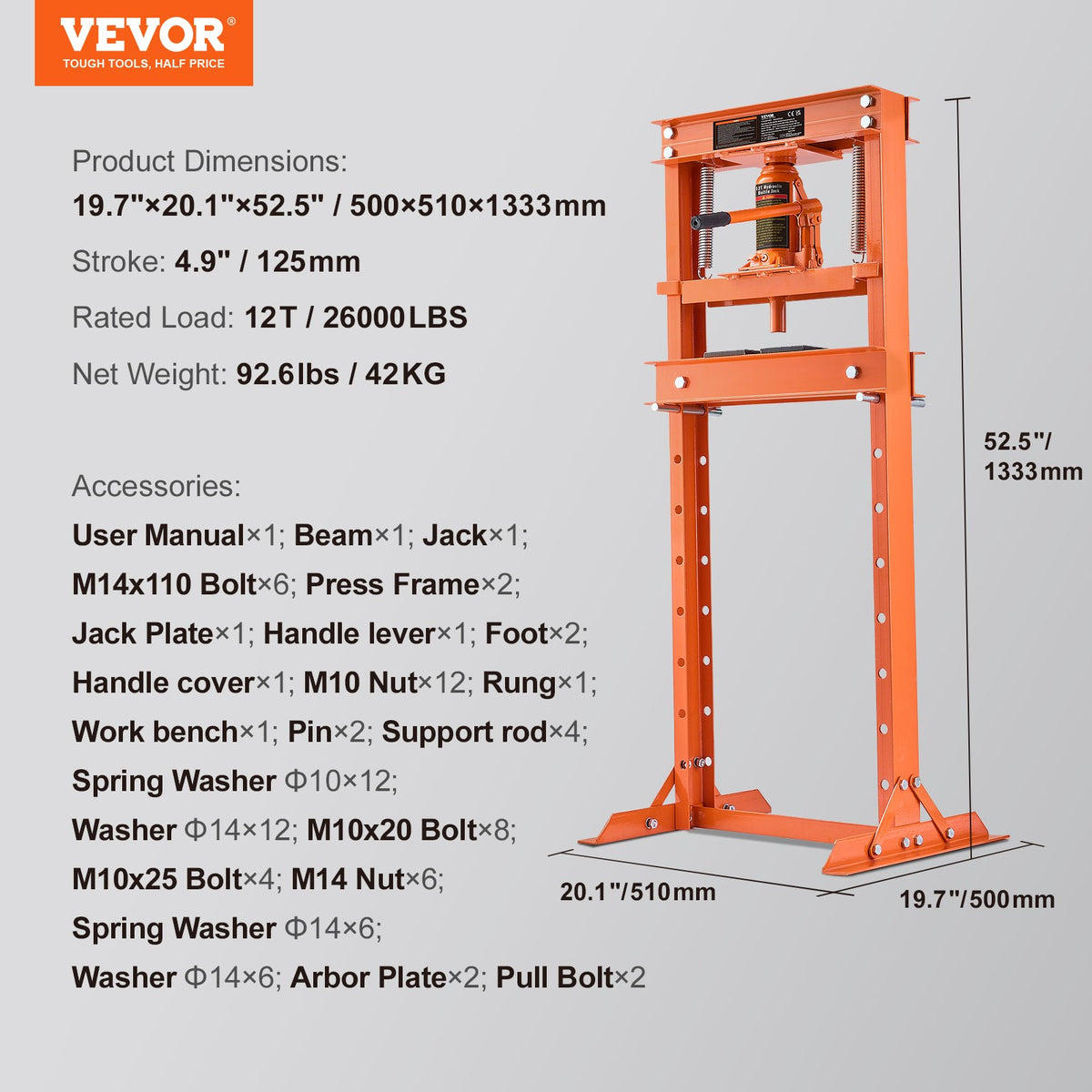 Hydraulic Shop Press 12 Ton – H-Frame Garage Floor Press with Plates