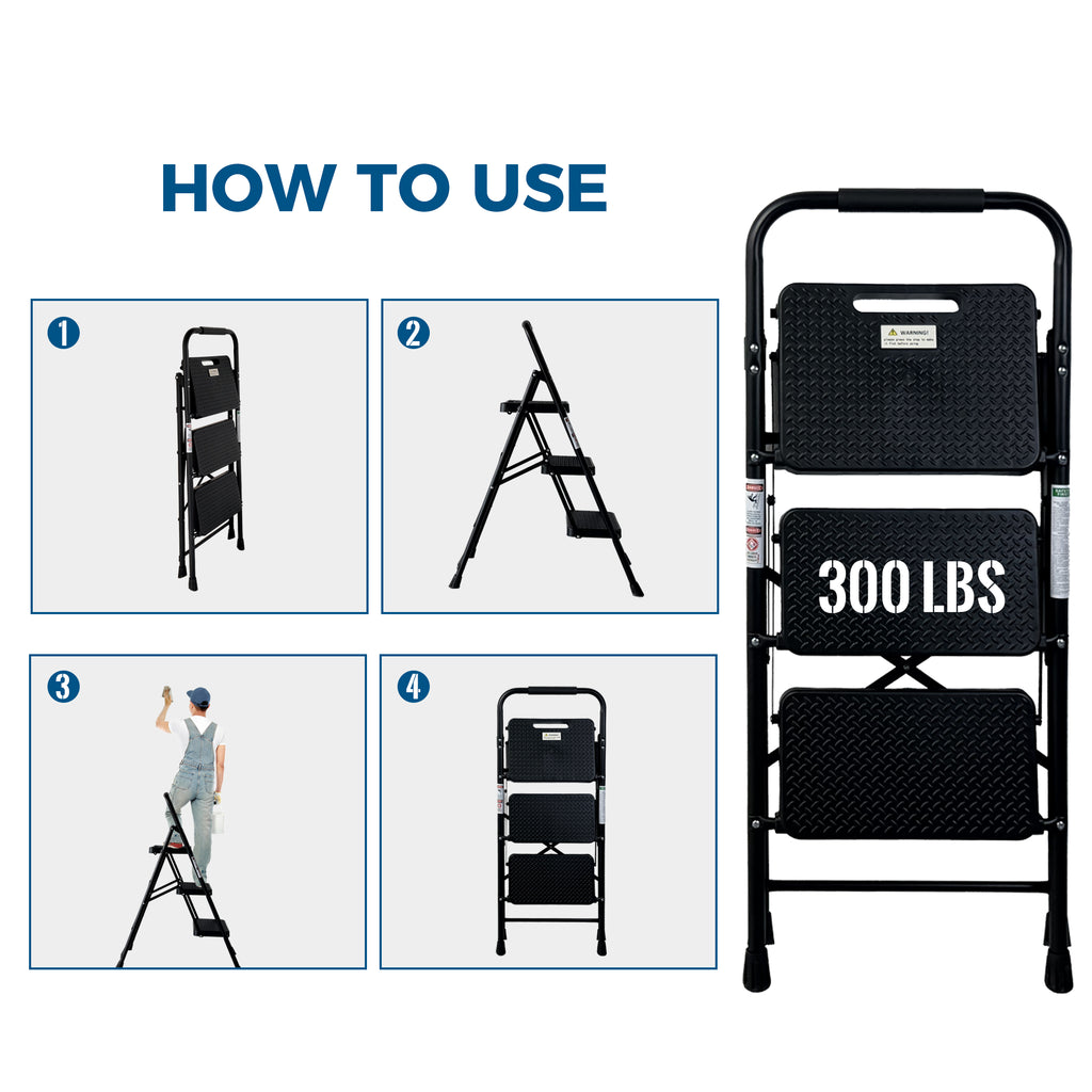 3 Step Ladder, Folding Steel Step Stool with Wide Anti-Slip Pedals – image 6