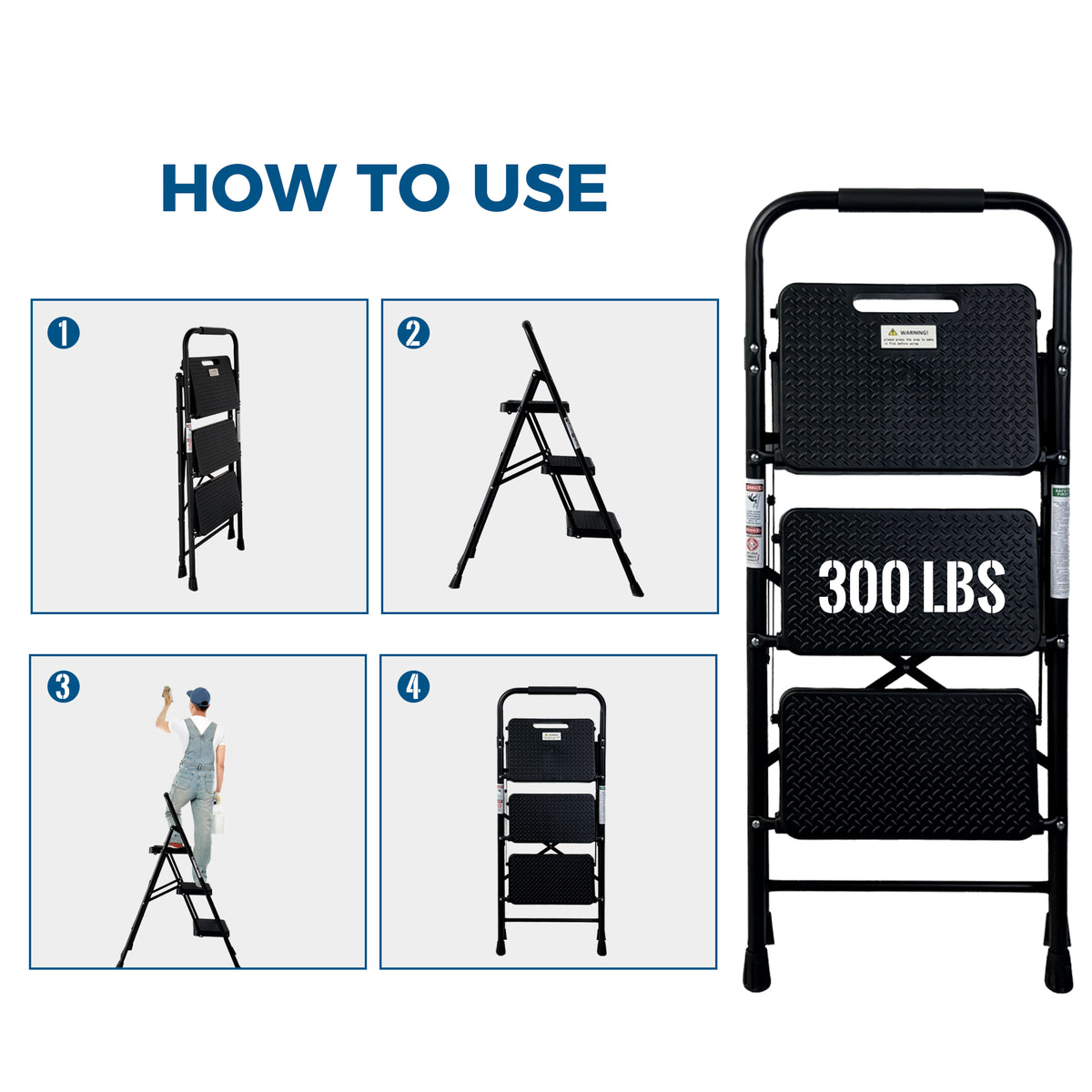 3 Step Ladder, Folding Steel Step Stool with Wide Anti-Slip Pedals – image 6