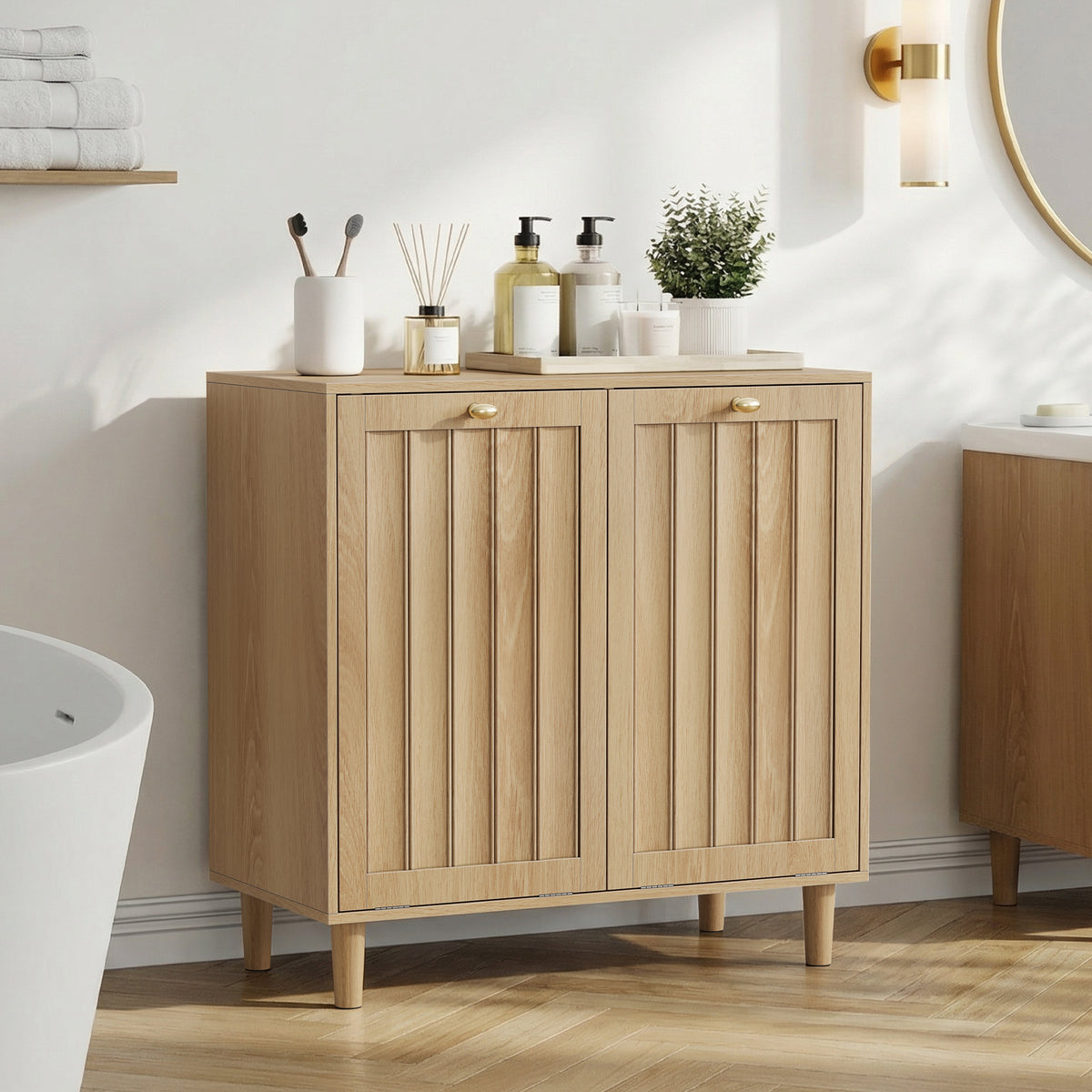 Tilt-Out Laundry Hamper Cabinet with Removable Liner, Oak – image 4