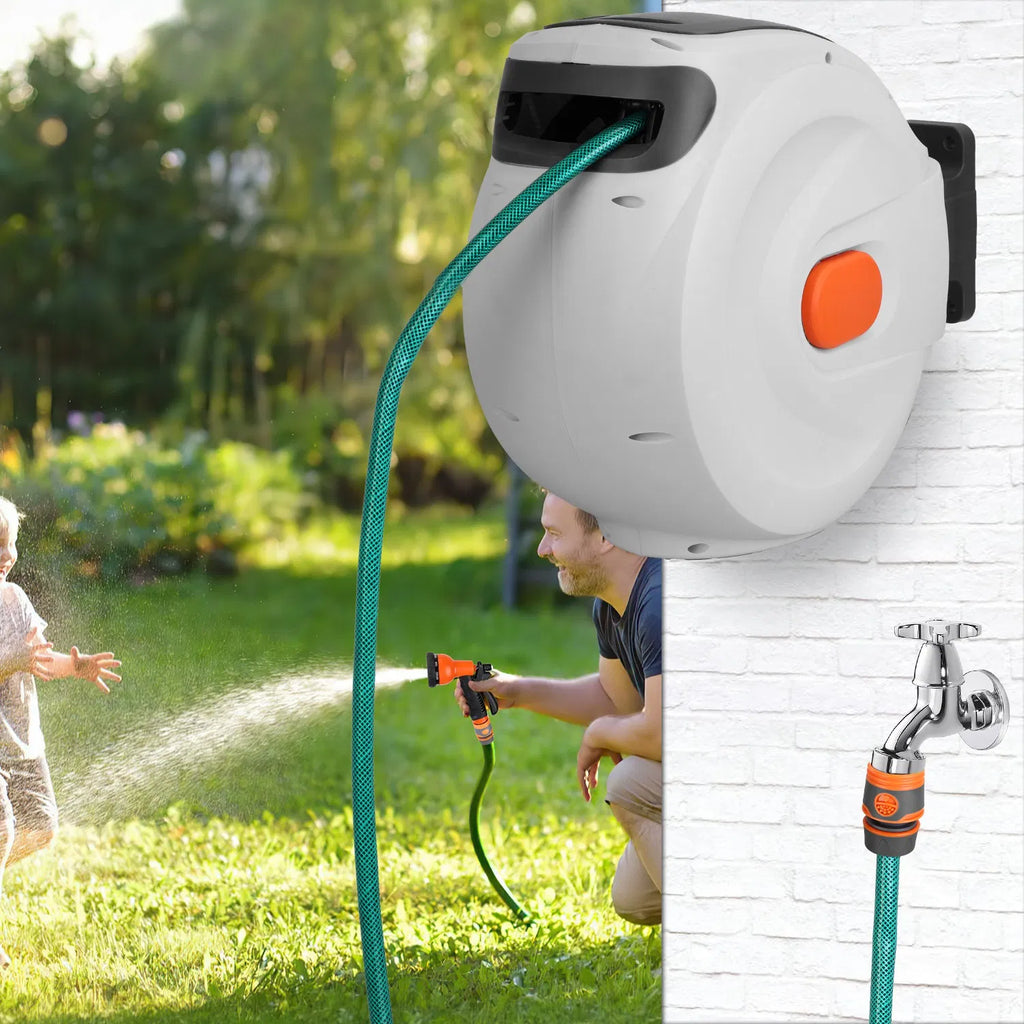 Wall Mount Retractable Garden Hose Reel 98 Ft with Sprayer