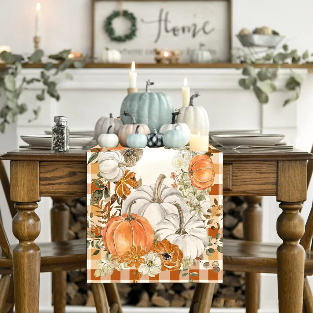 Fall Table Runner – Harvest Pumpkin and Maple Leaf Linen Runner – image 2