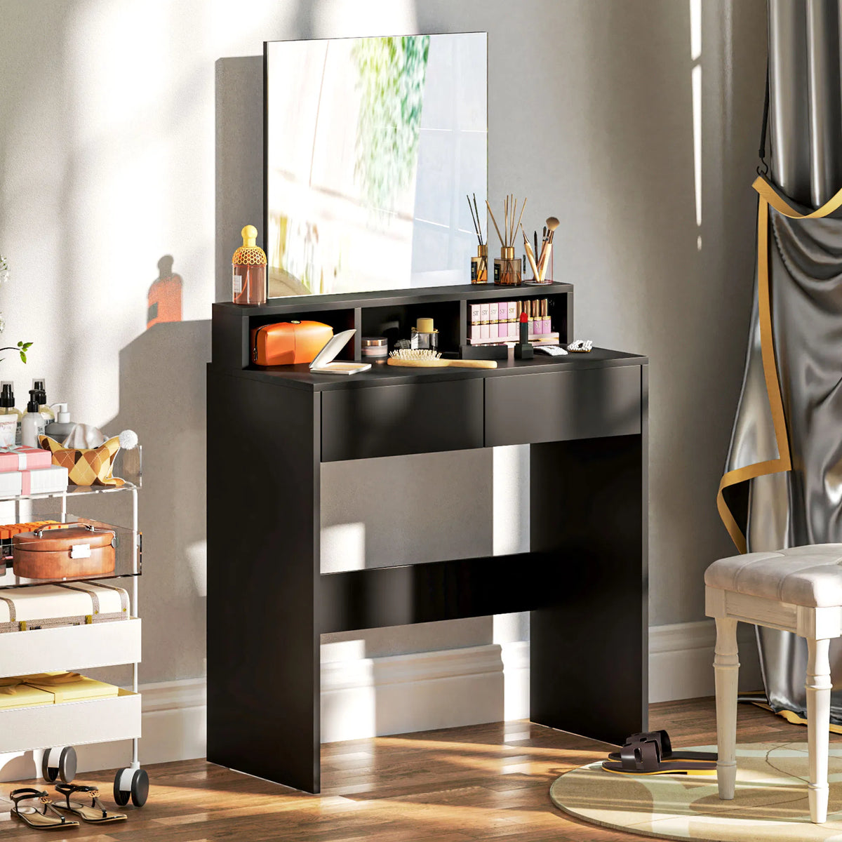 Makeup Vanity Desk with Mirror, Drawers and Open Shelves, Black – image 7