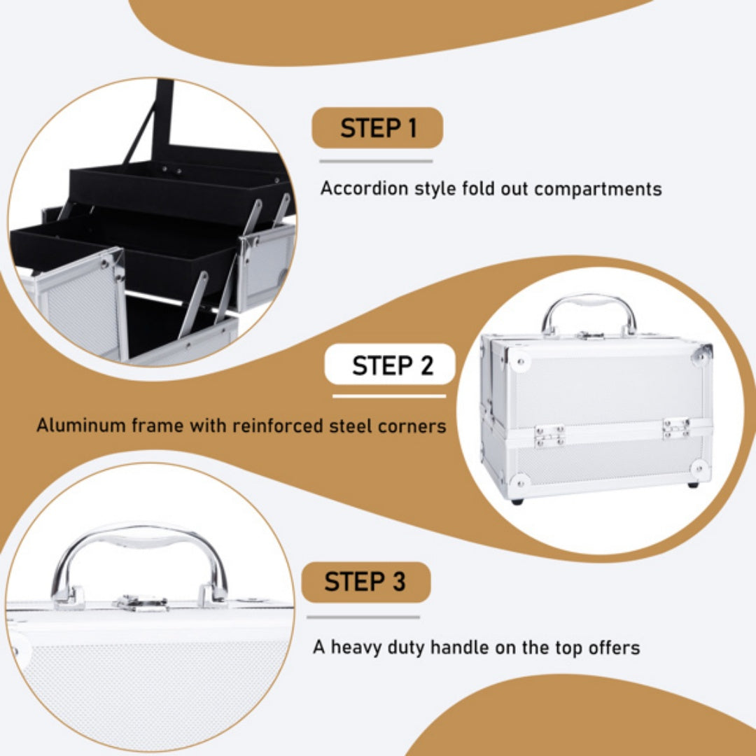 Aluminum Makeup Train Case with Mirror and Fold-Out Trays, Silver – image 13