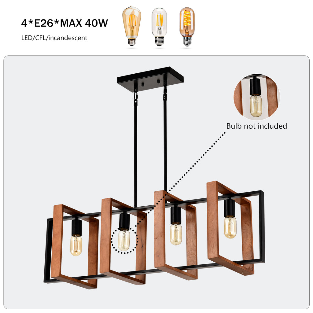 4-Light Farmhouse Kitchen Island Pendant Wood and Black 36 In