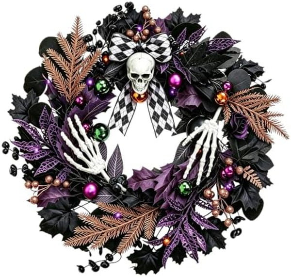 Halloween Skull Wreath 20 in, Gothic Purple and Black Door Decor