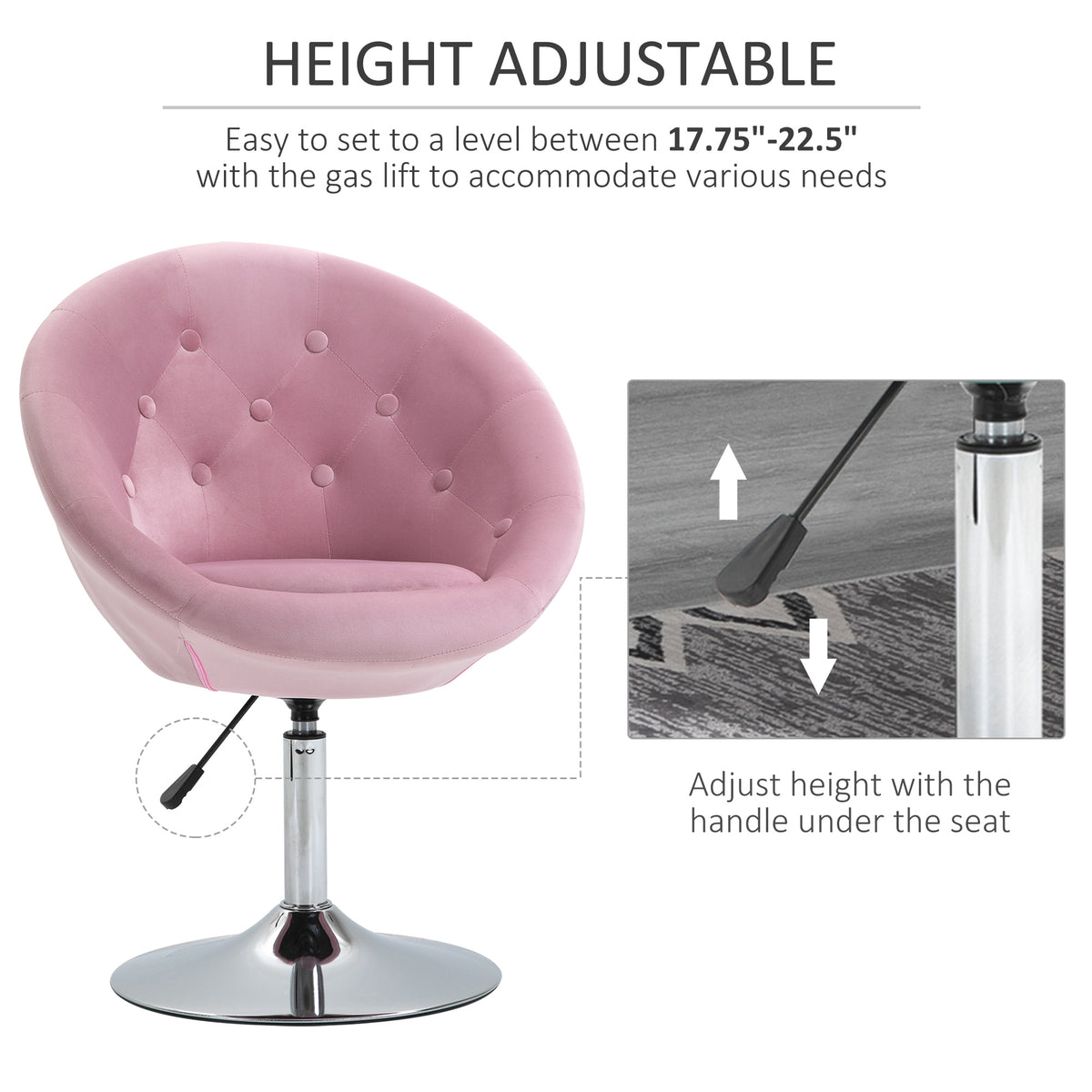 Pink Tufted Swivel Vanity Chair with Chrome Base, Height Adjustable – image 5