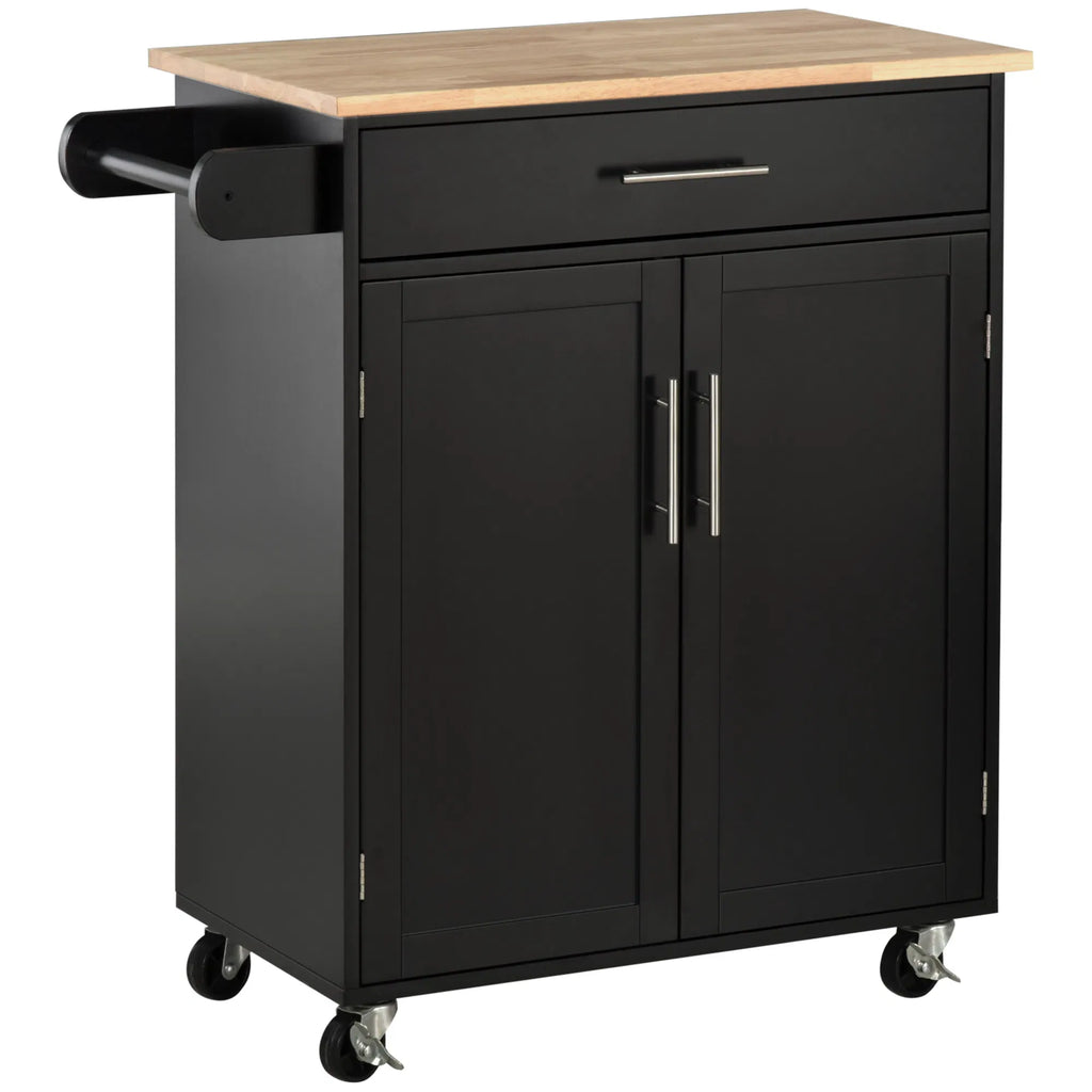 Rolling Kitchen Island Cart with Wood Top, Drawer and Cabinet, Black – image 2
