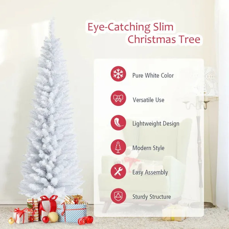 Christmas Tree, 6 Ft White Slim Pencil, Unlit with Metal Stand – image 5