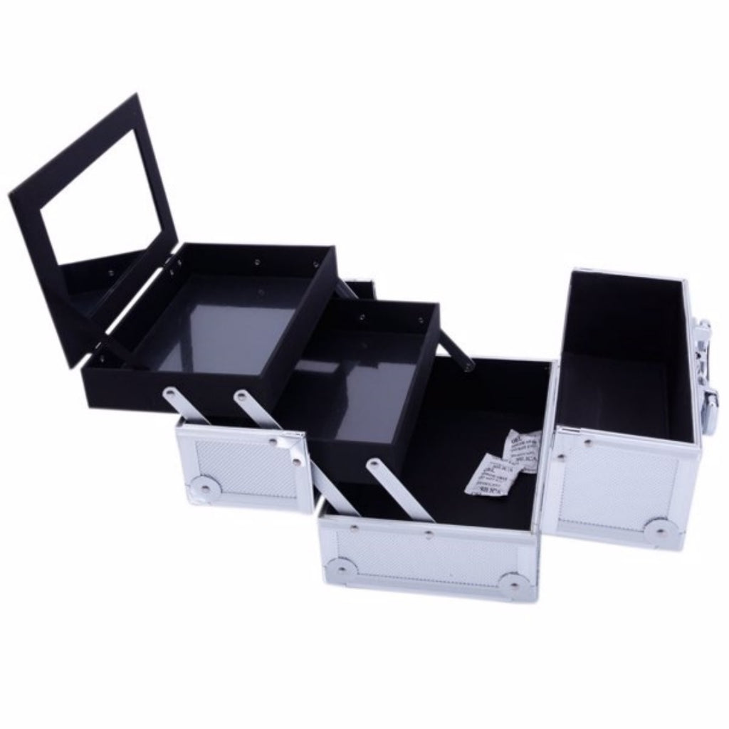 Aluminum Makeup Train Case with Mirror and Fold-Out Trays, Silver – image 5