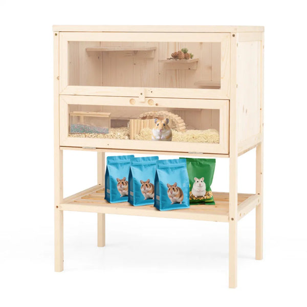 Fir Wood Hamster Cage with Flip Mesh Roof and Storage Shelf, 31.5 in – image 1