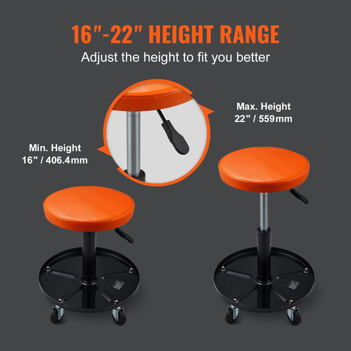 Rolling Mechanic Stool, Pneumatic Height-Adjustable Seat with Tray – image 3