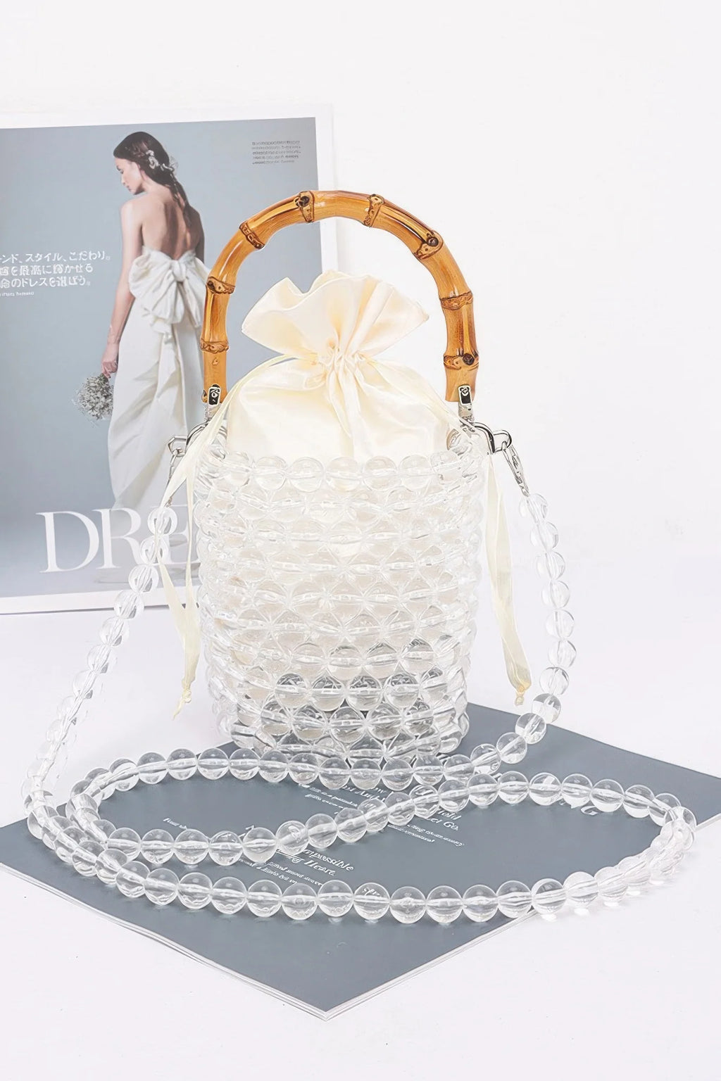 Clear Beaded Tote Bag with Bamboo Handle – image 1