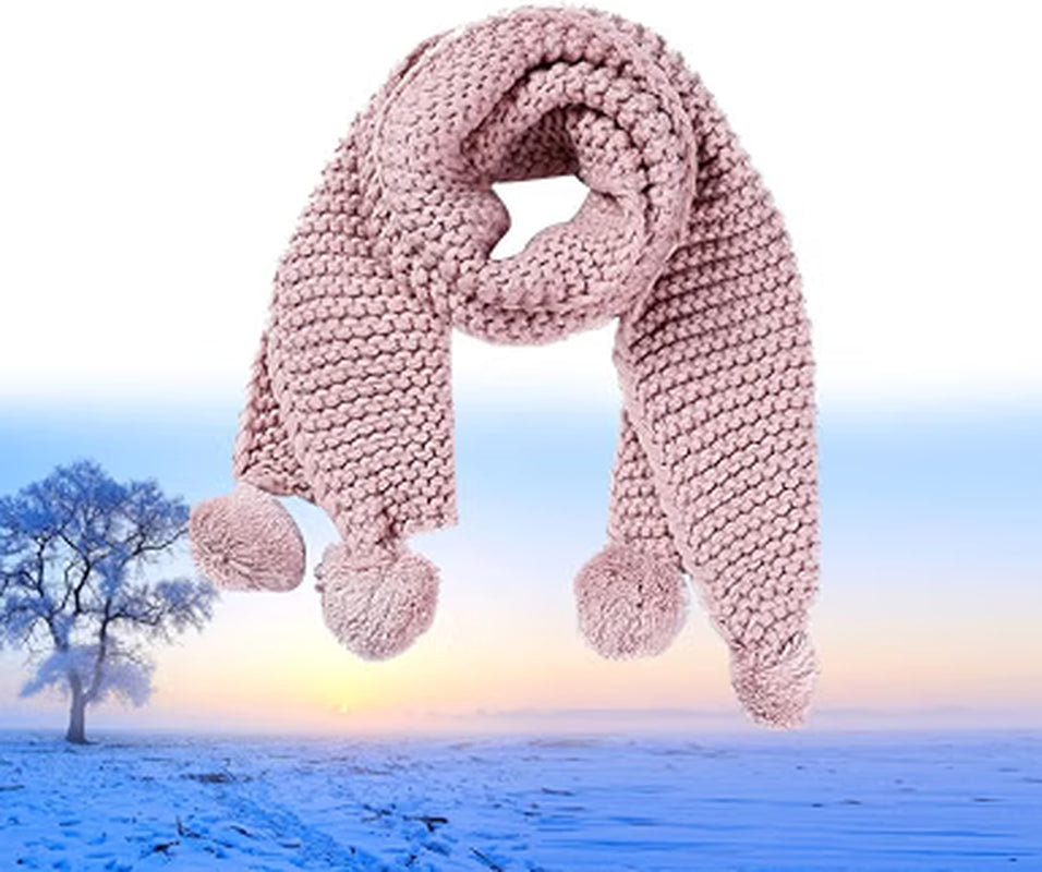 Knitted Pom Pom Scarf, Thick Fuzzy Winter Neck Scarf in Pink – image 4