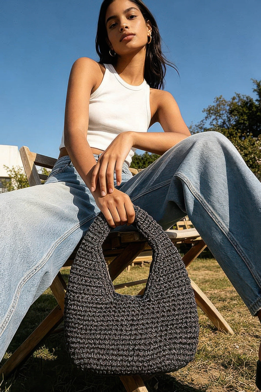 Crochet Woven Hobo Bag with Detachable Chain Strap