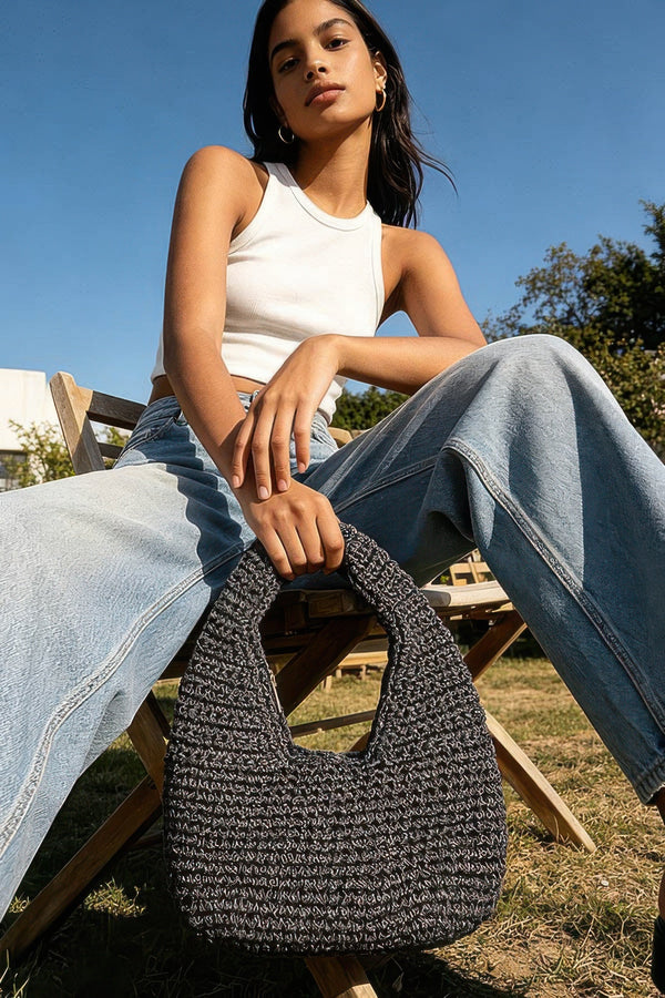 Crochet Woven Hobo Bag with Detachable Chain Strap