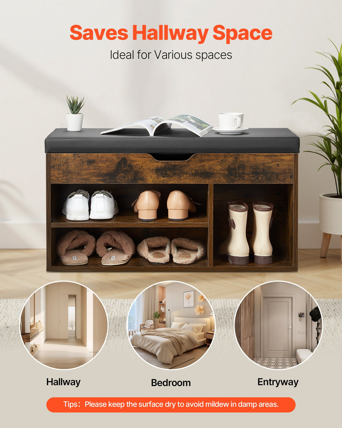 Entryway Lift-Top Shoe Bench with Cushion Seat and 3 Cabinets – image 5